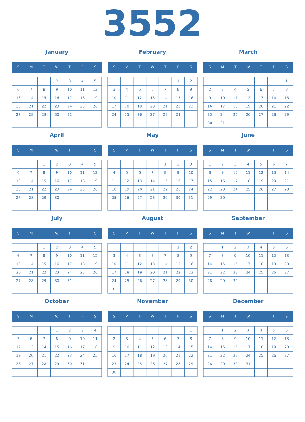 Printable 3552 Year Calendars blue