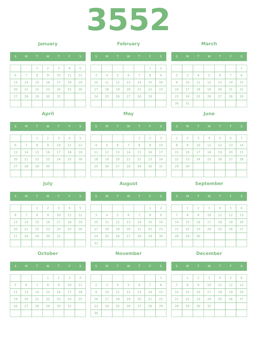 Printable 3552 Year Calendars celadon
