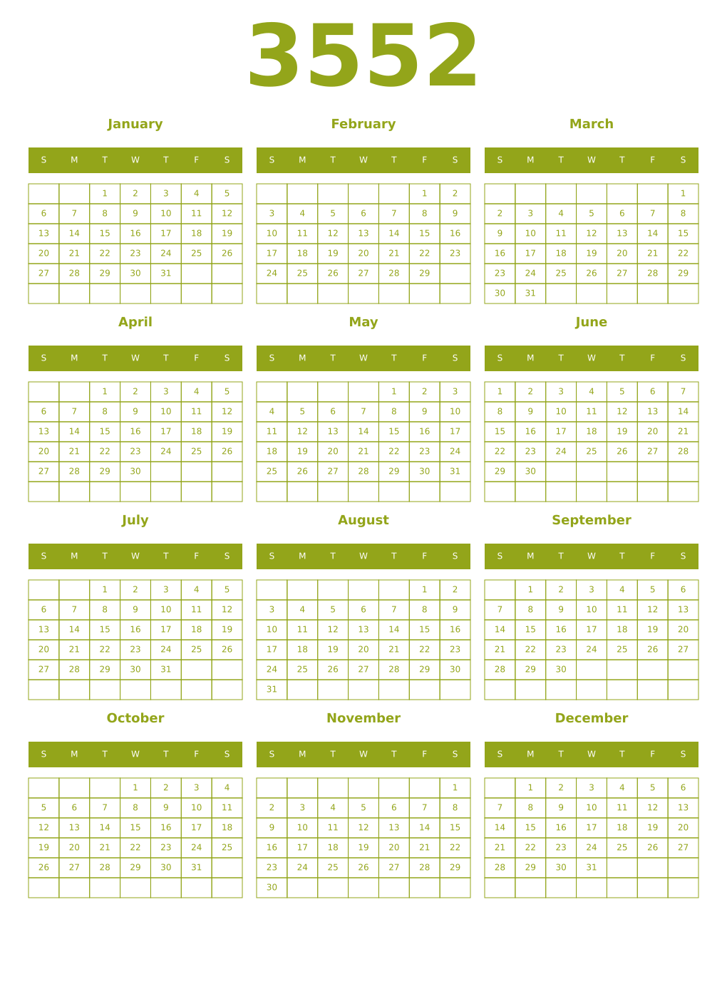 Printable 3552 Year Calendars chartreuse