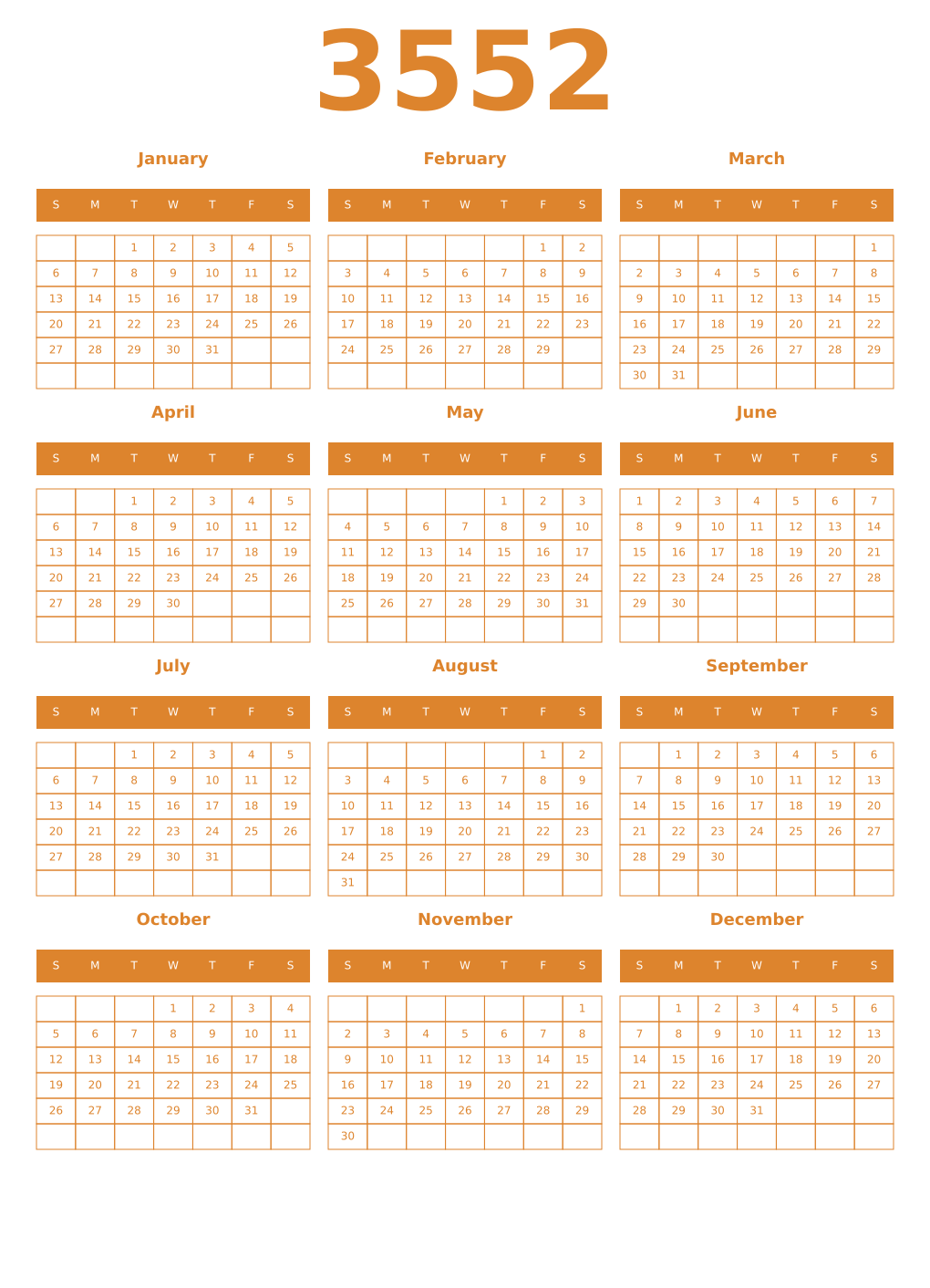 Printable 3552 Year Calendars orange