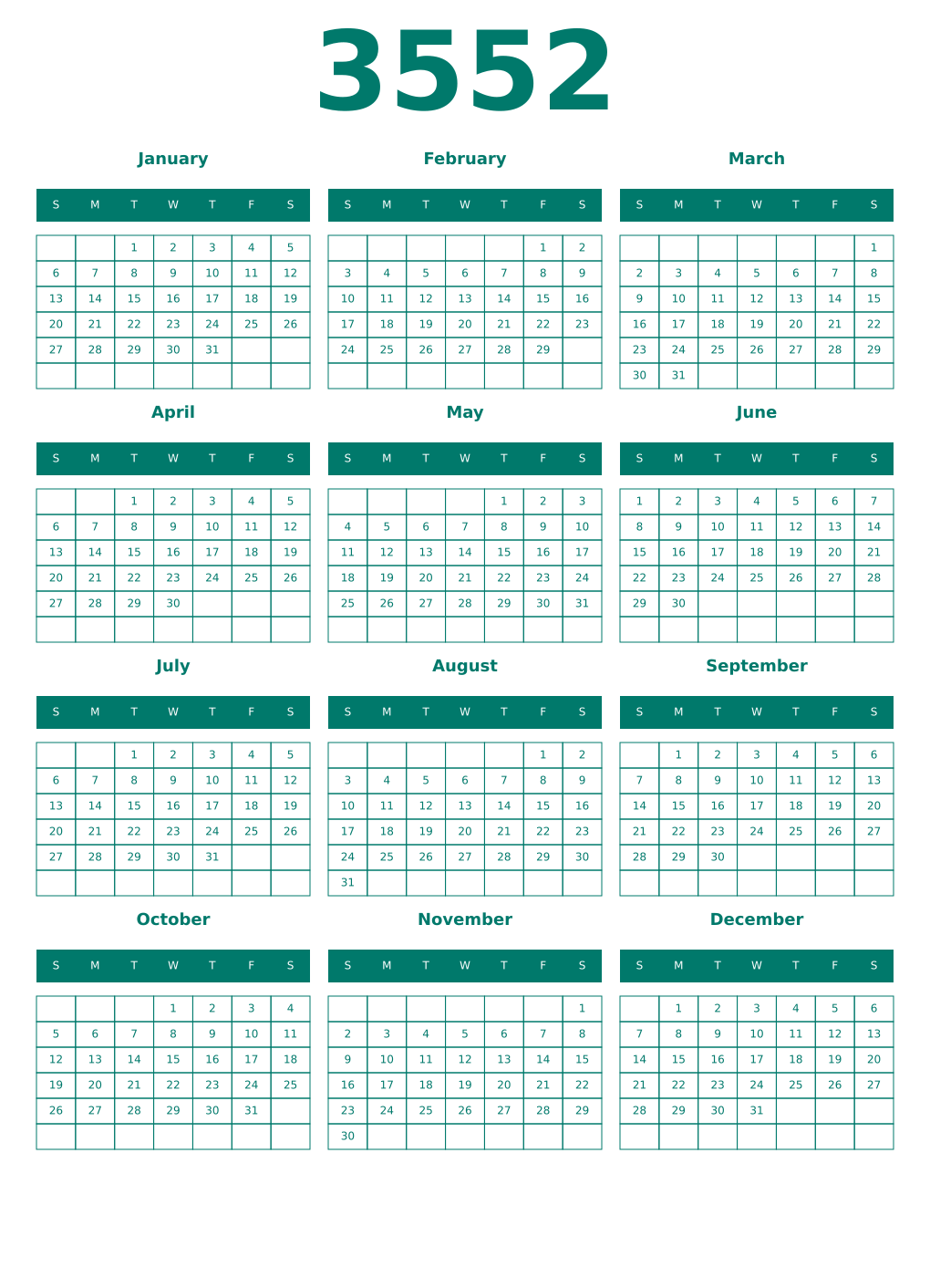 Printable 3552 Year Calendars pastel