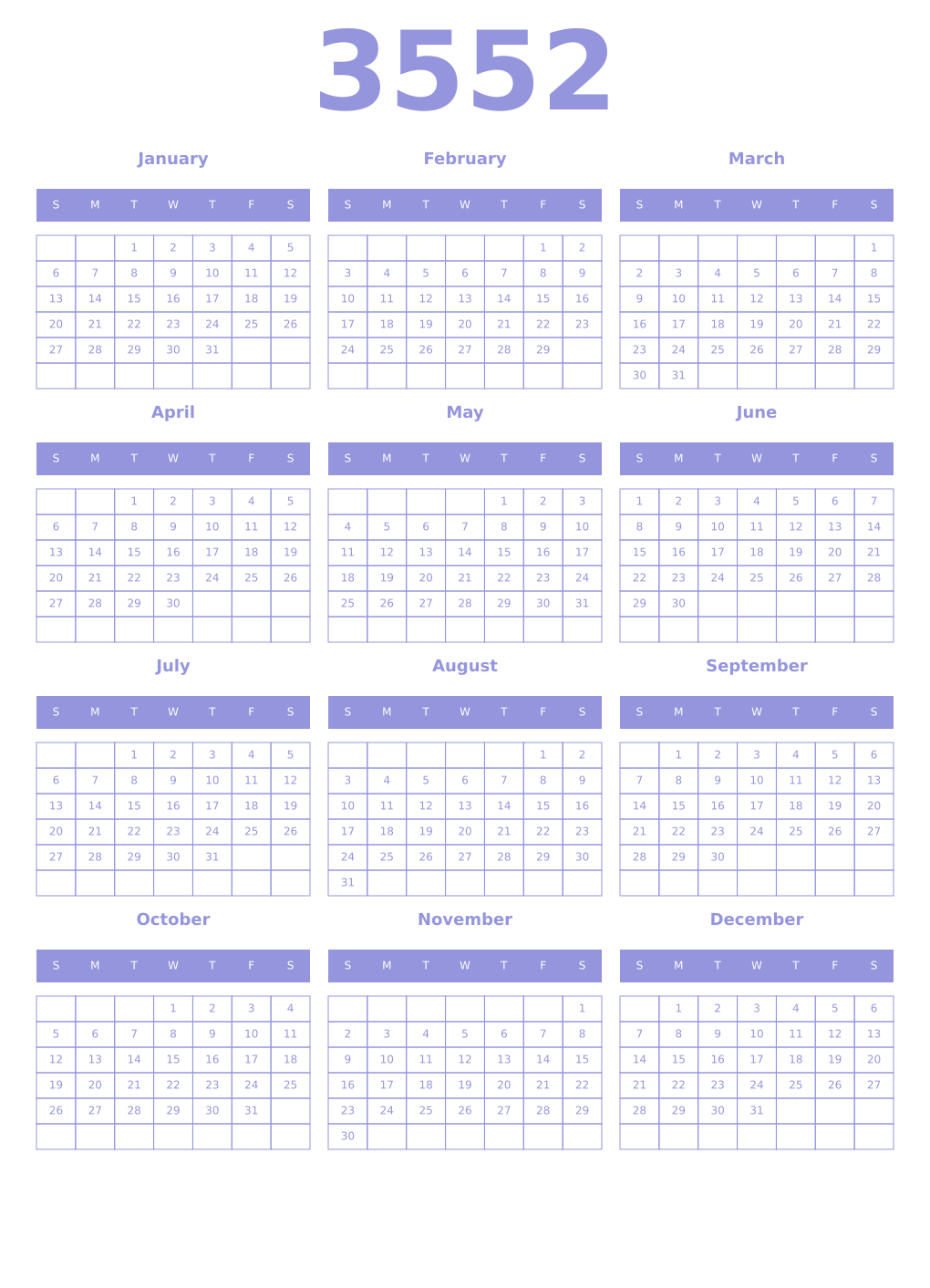 Printable 3552 Year Calendars periwinkle