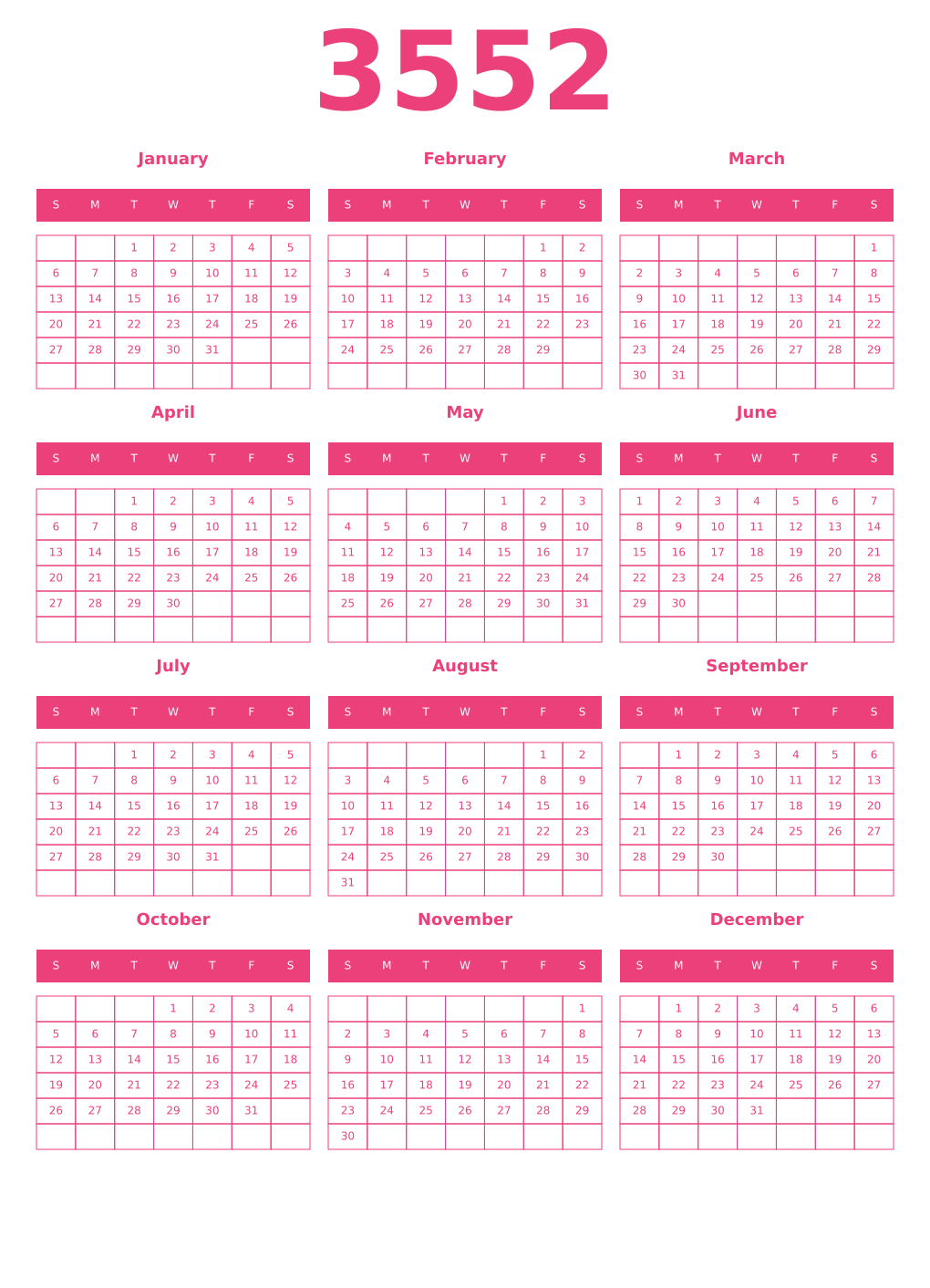 Printable 3552 Year Calendars pink