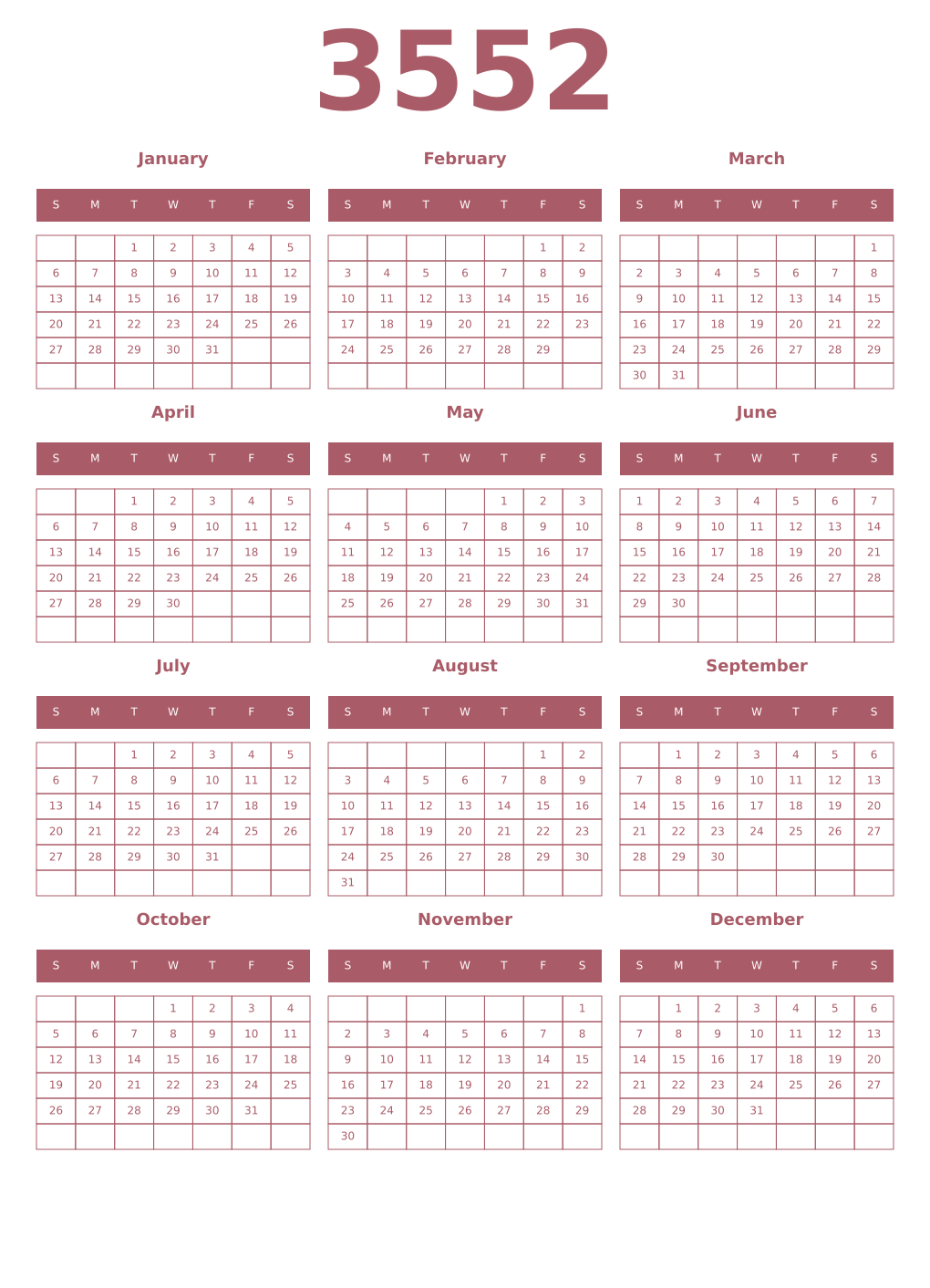 Printable 3552 Year Calendars puce