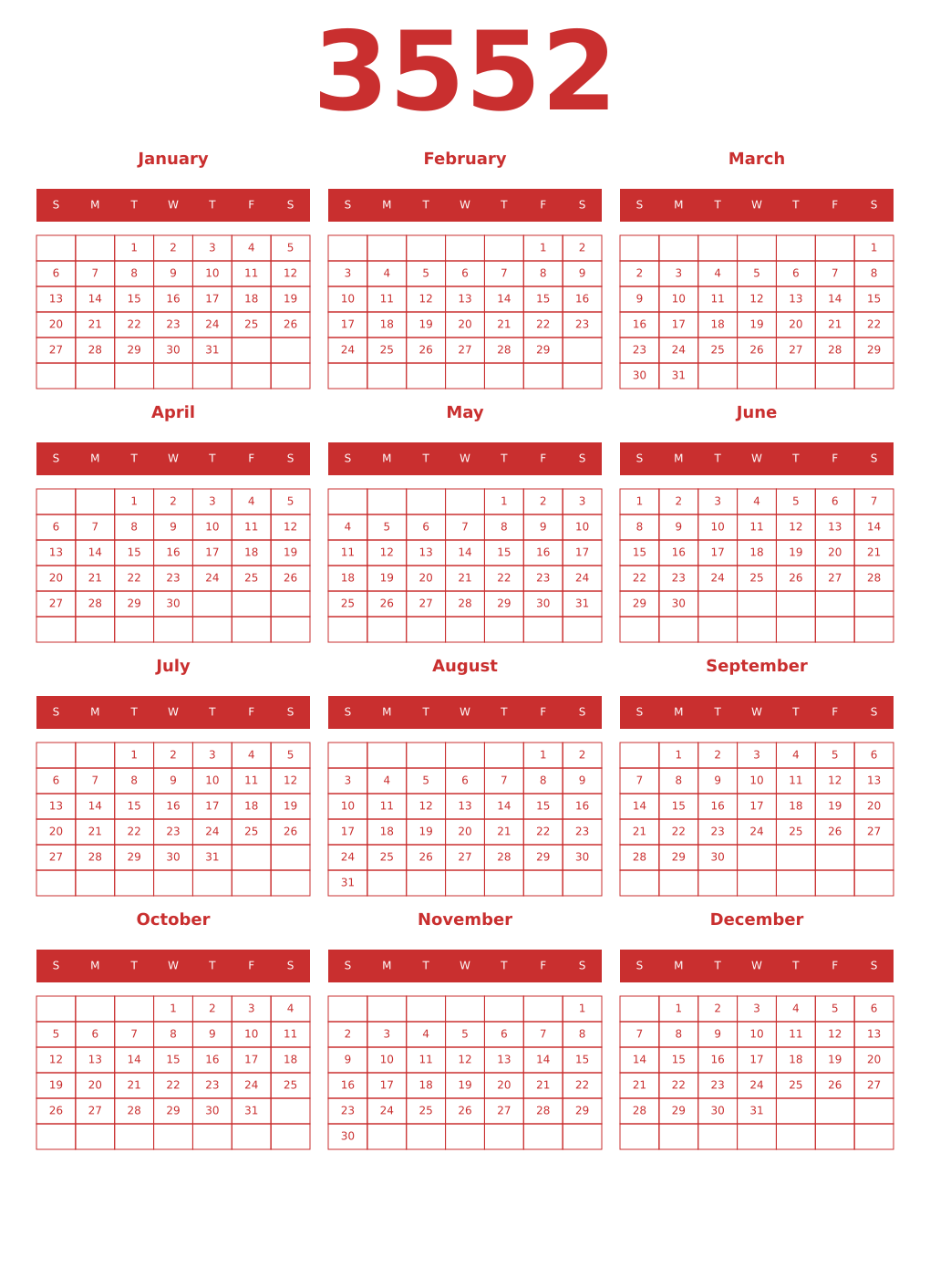 Printable 3552 Year Calendars red