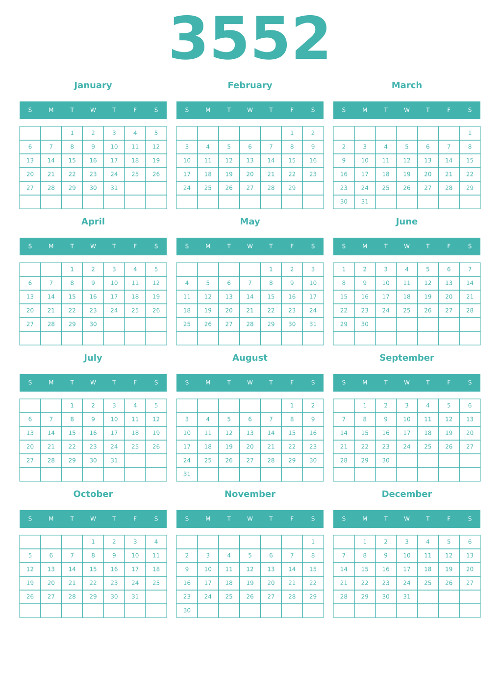 Printable 3552 Year Calendars verdigris