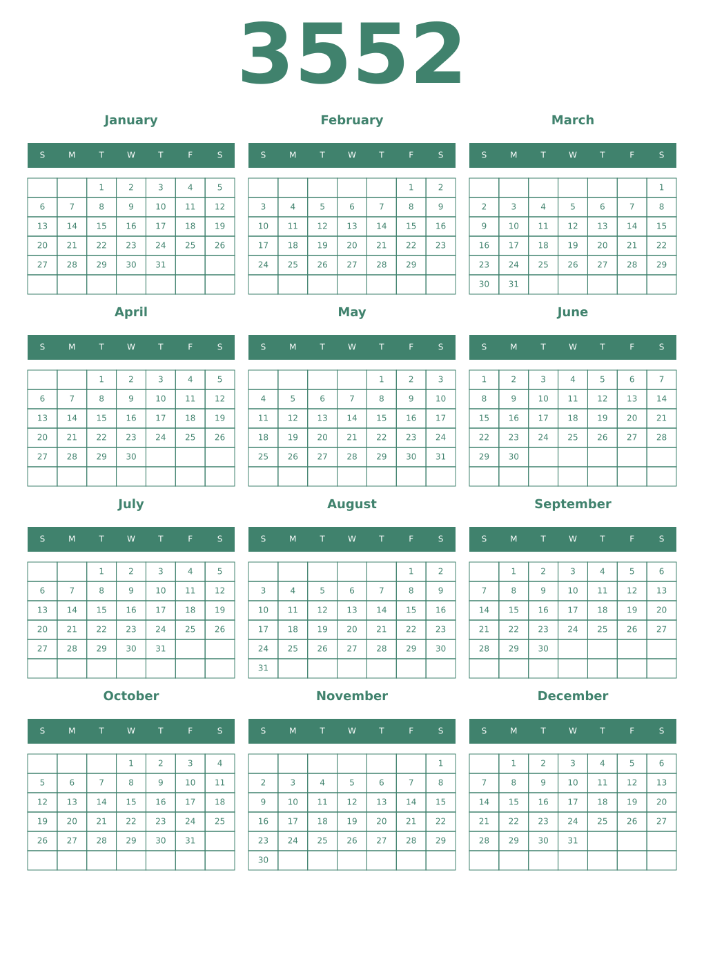 Printable 3552 Year Calendars viridian