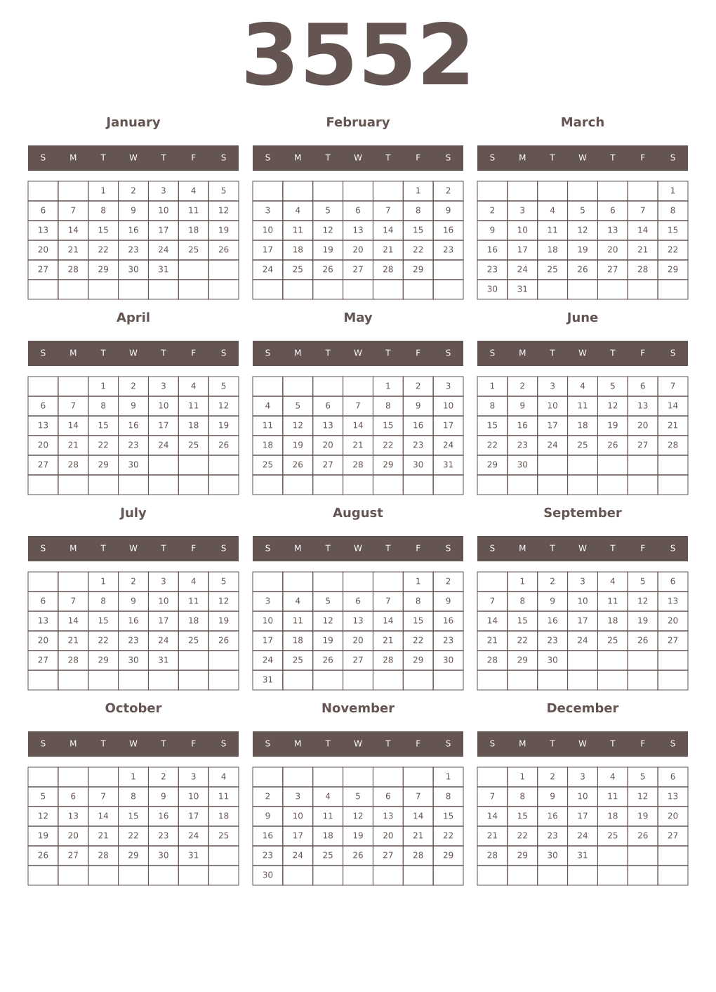 Printable 3552 Year Calendars wenge