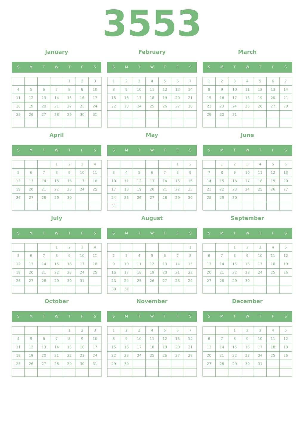 Printable 3553 Year Calendars celadon
