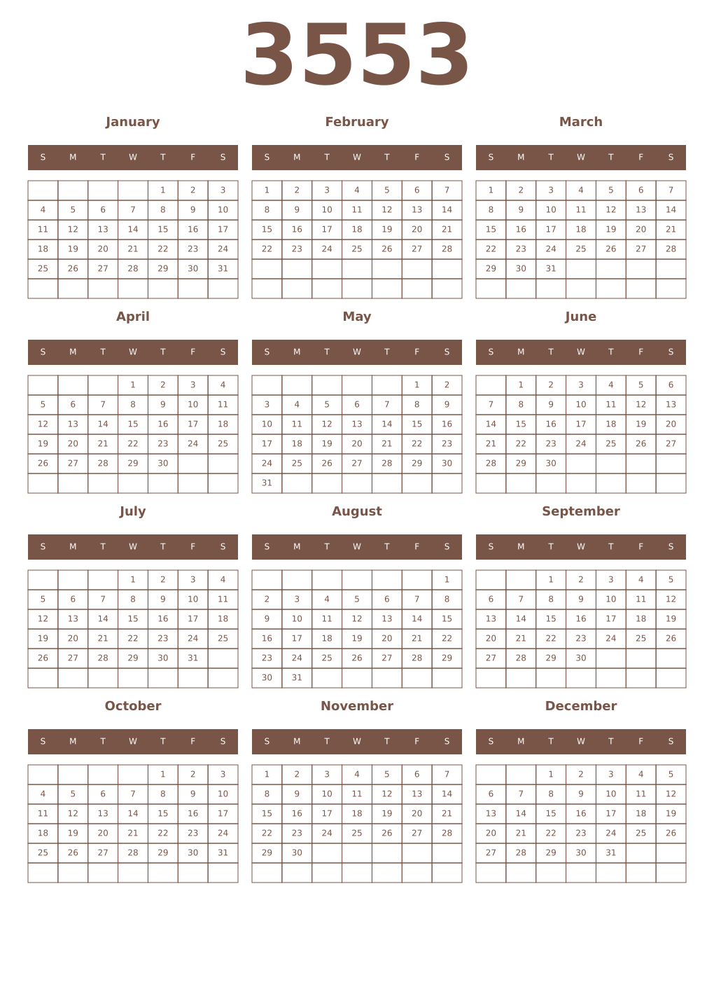 Printable 3553 Year Calendars coffe