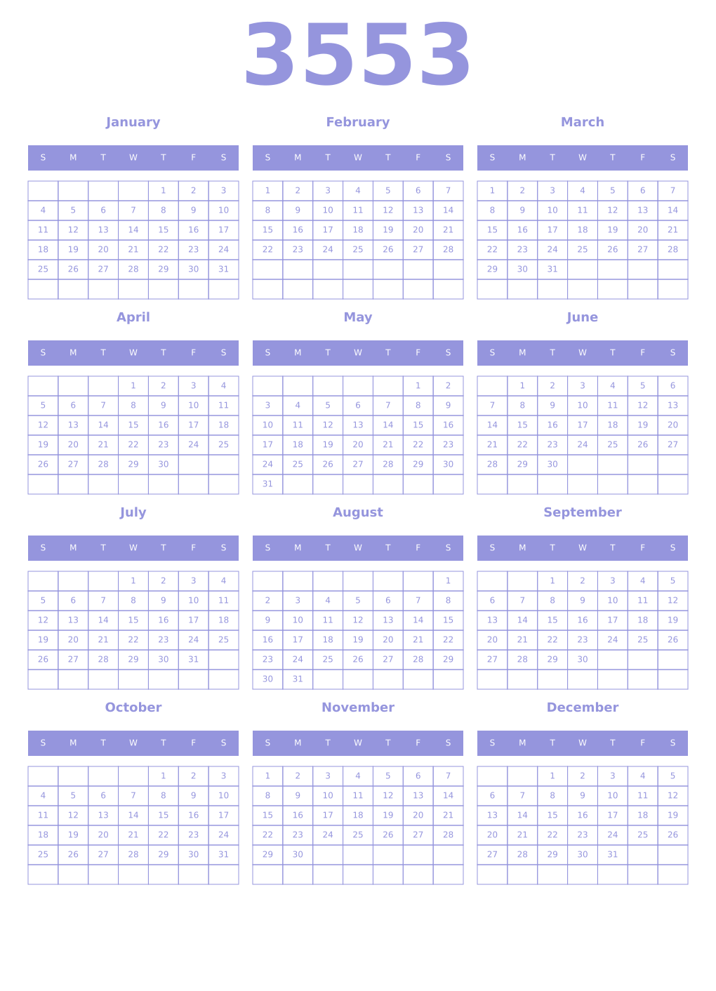 Printable 3553 Year Calendars periwinkle