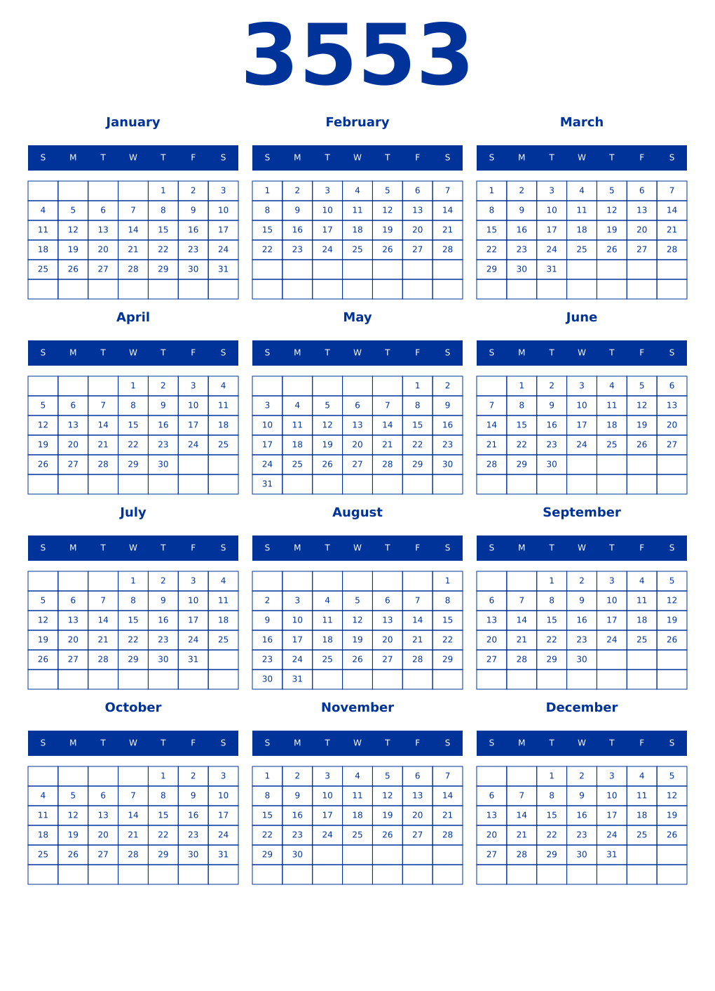 Printable 3553 Year Calendars smalt