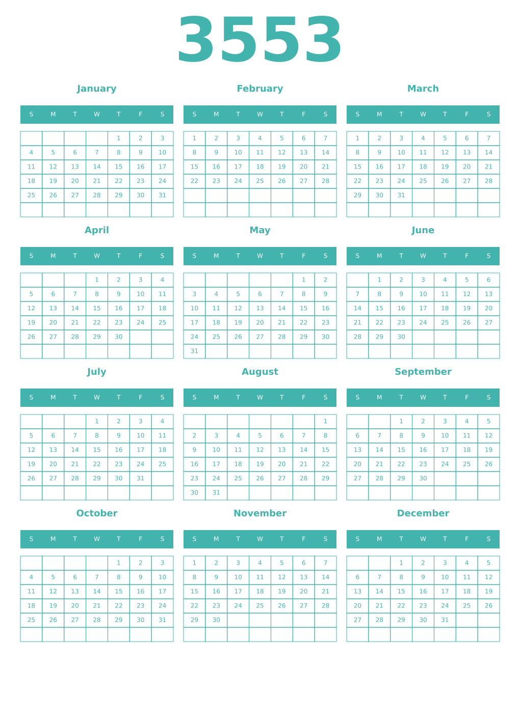 Printable 3553 Year Calendars verdigris