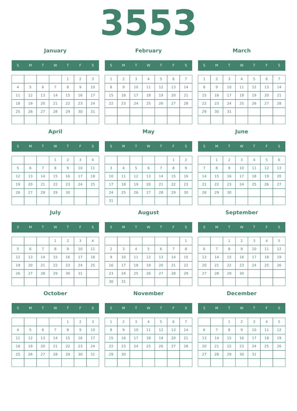 Printable 3553 Year Calendars viridian