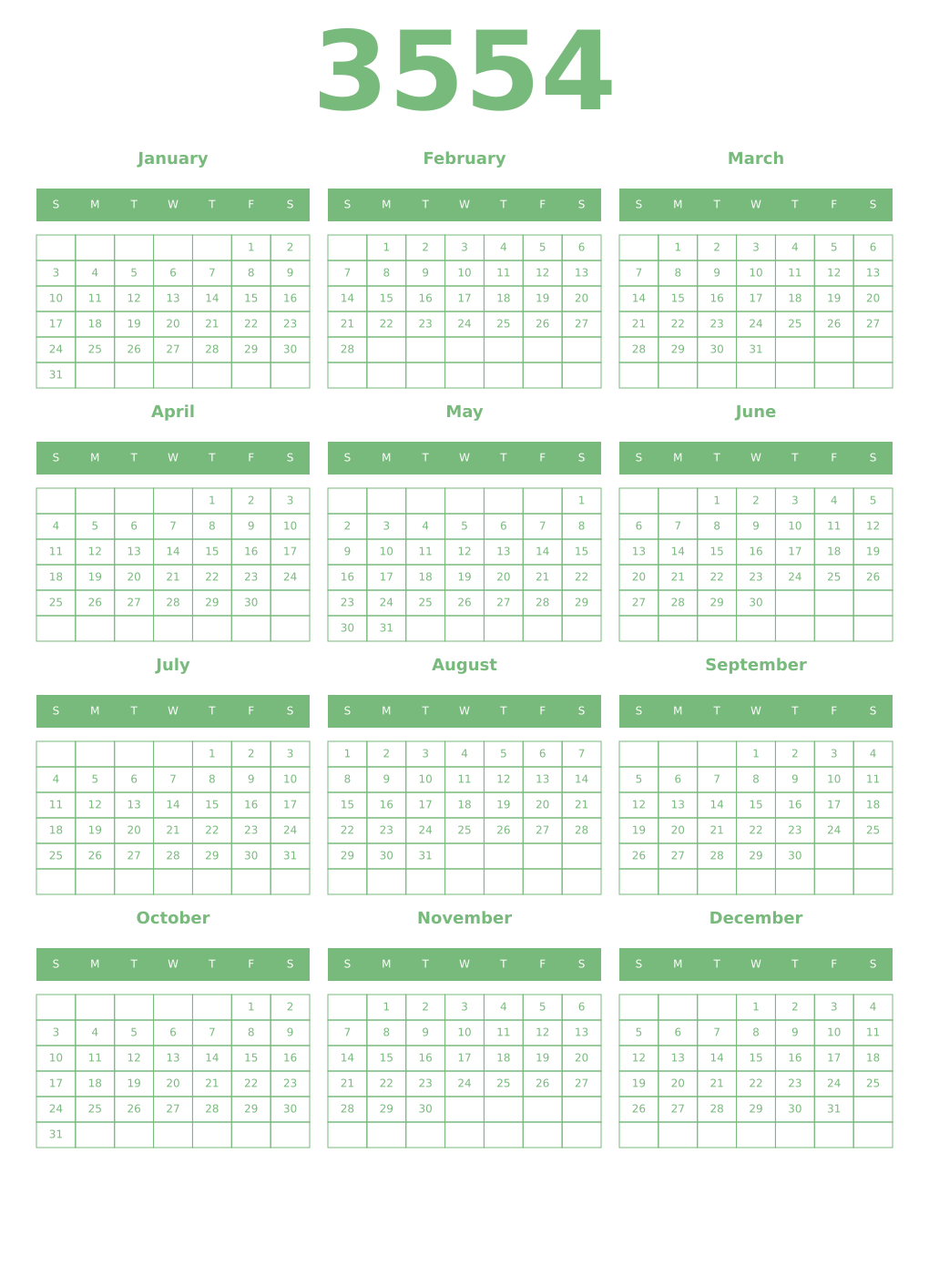 Printable 3554 Year Calendars celadon