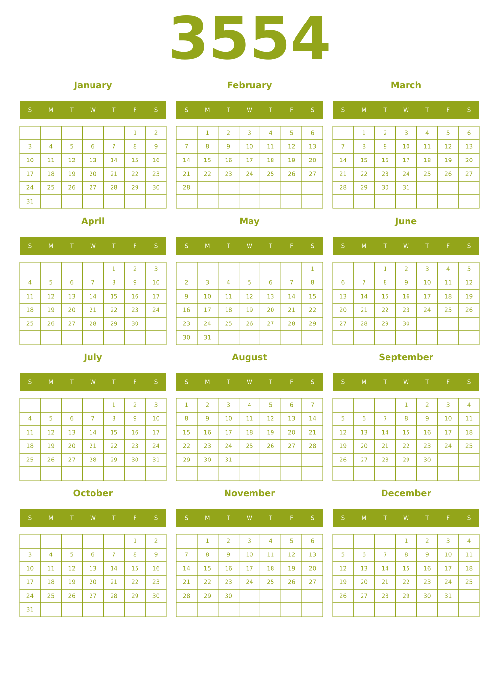 Printable 3554 Year Calendars chartreuse