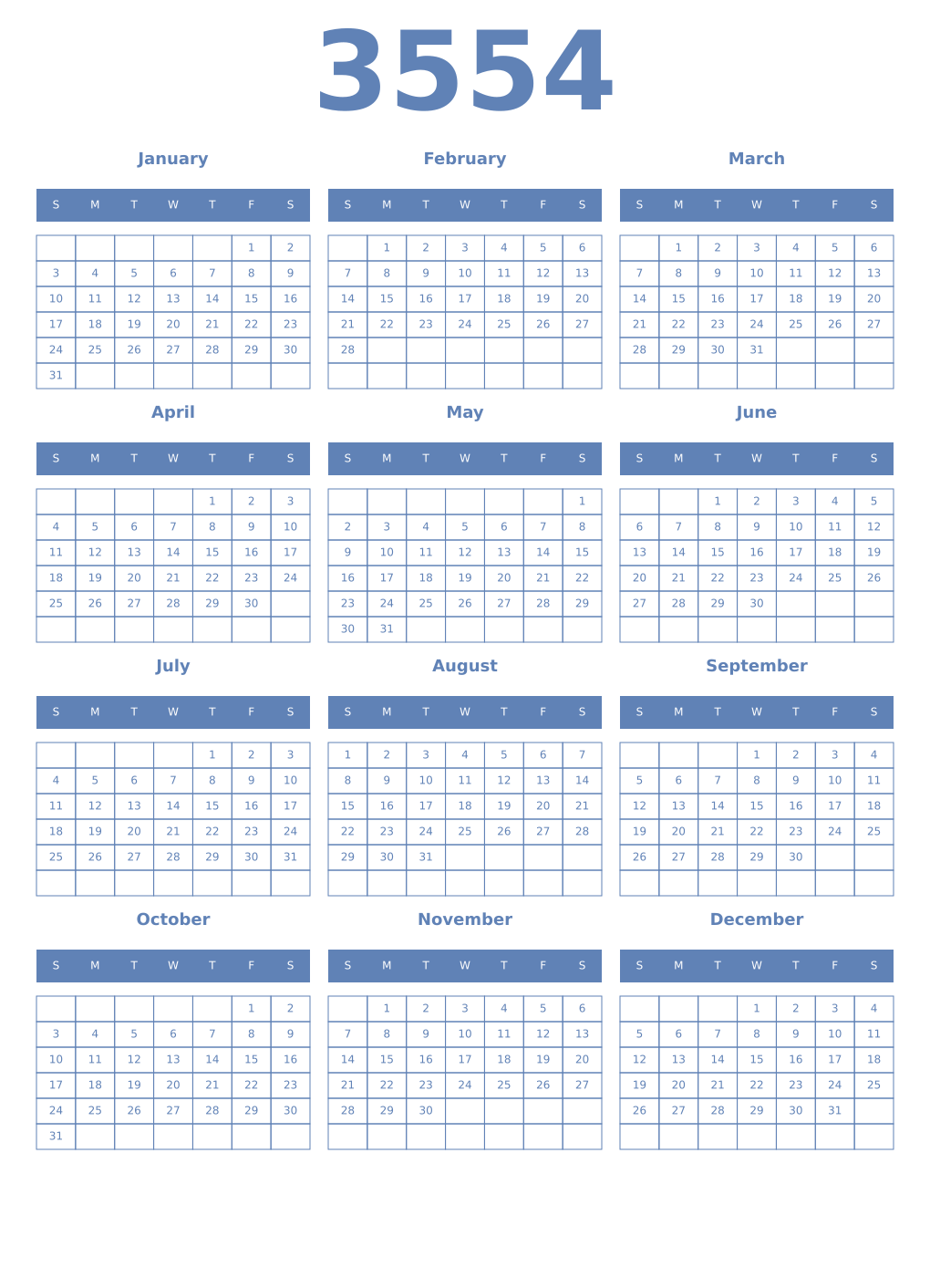 Printable 3554 Year Calendars glaucous