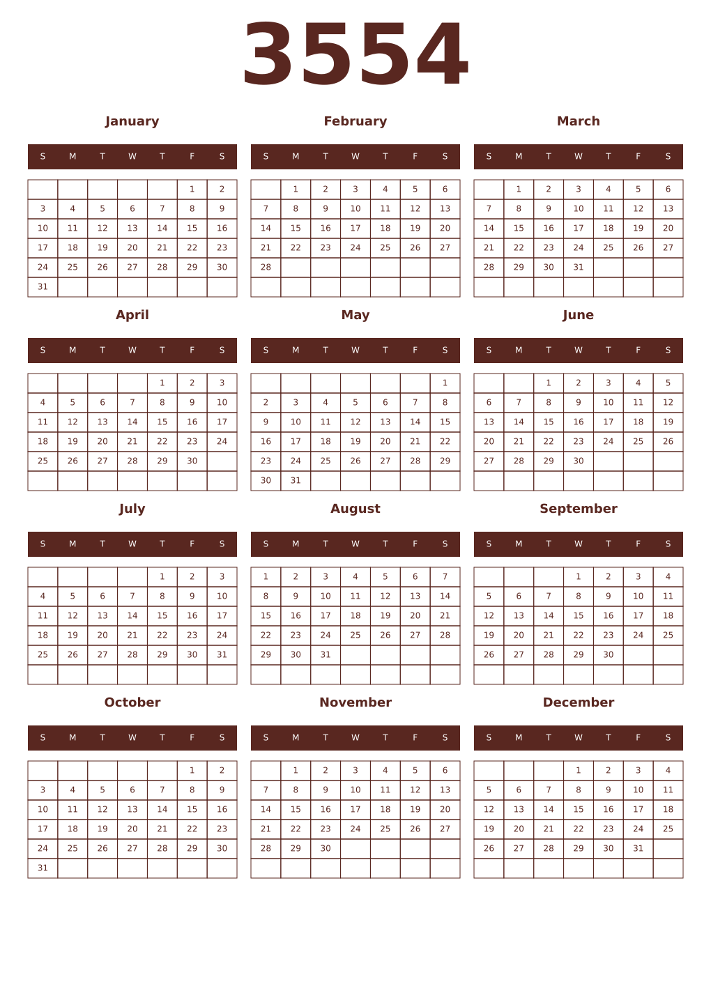 Printable 3554 Year Calendars mortuum