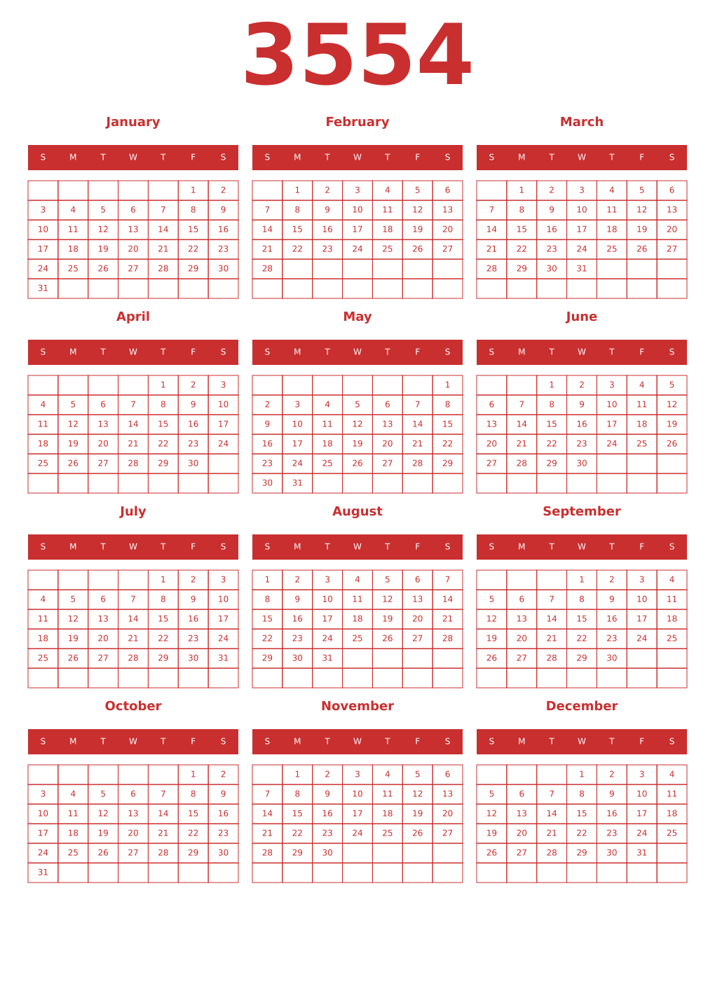 Printable 3554 Year Calendars red