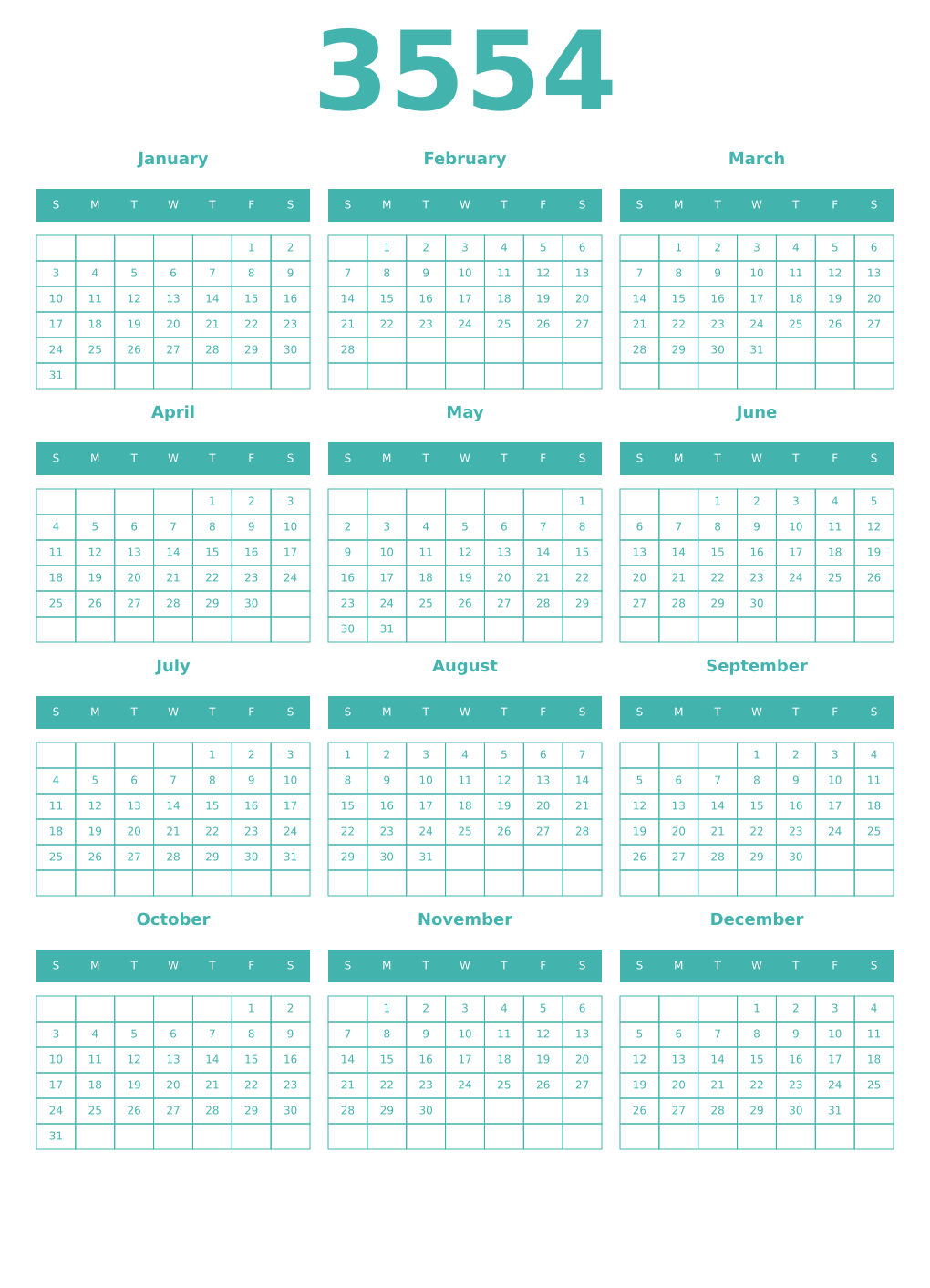 Printable 3554 Year Calendars verdigris