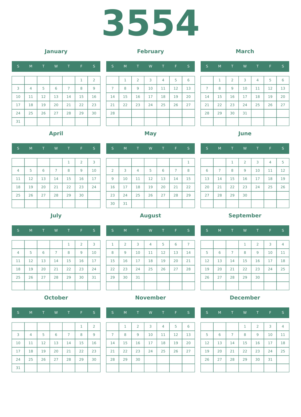 Printable 3554 Year Calendars viridian