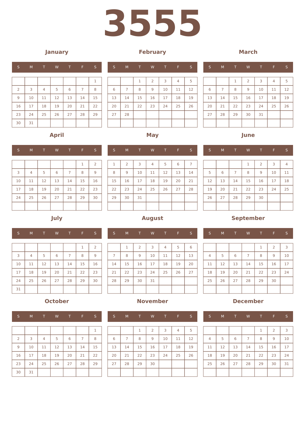 Printable 3555 Year Calendars coffe