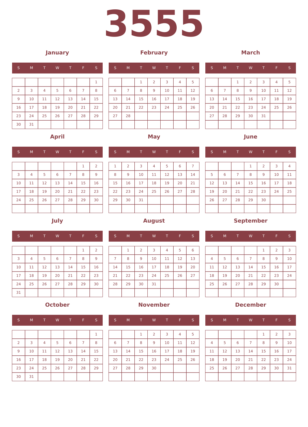 Printable 3555 Year Calendars cordovan