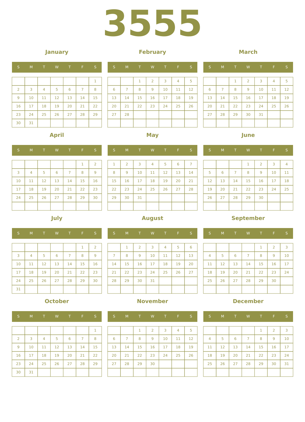 Printable 3555 Year Calendars eburnean