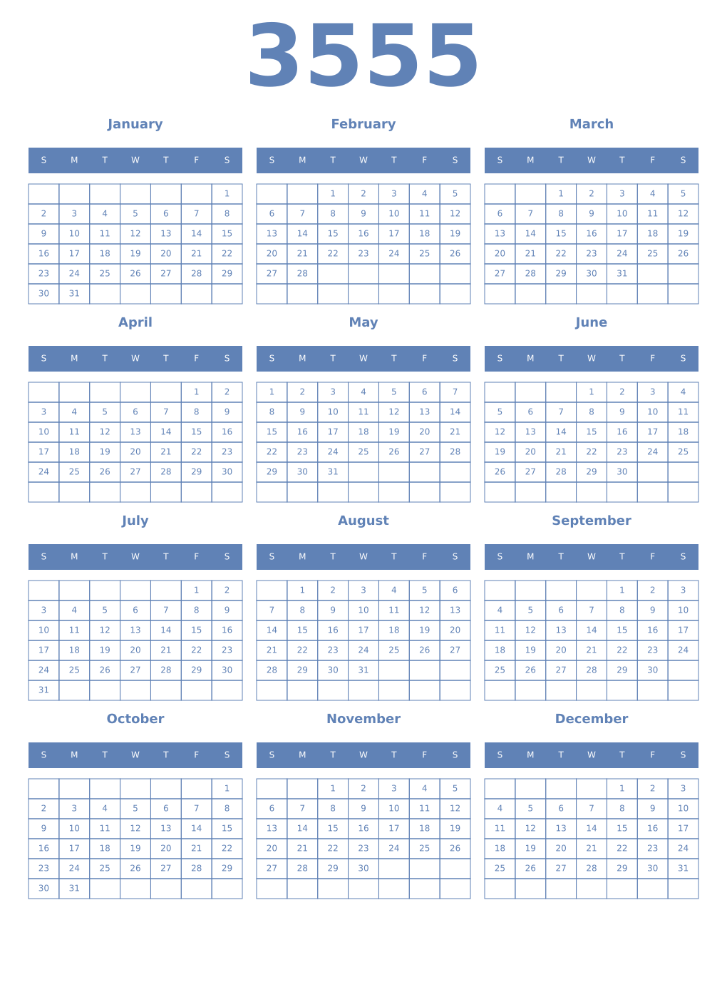 Printable 3555 Year Calendars glaucous