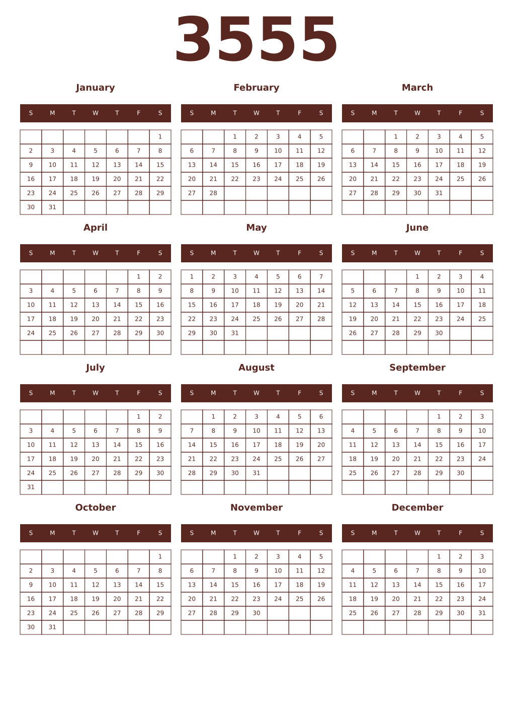 Printable 3555 Year Calendars mortuum