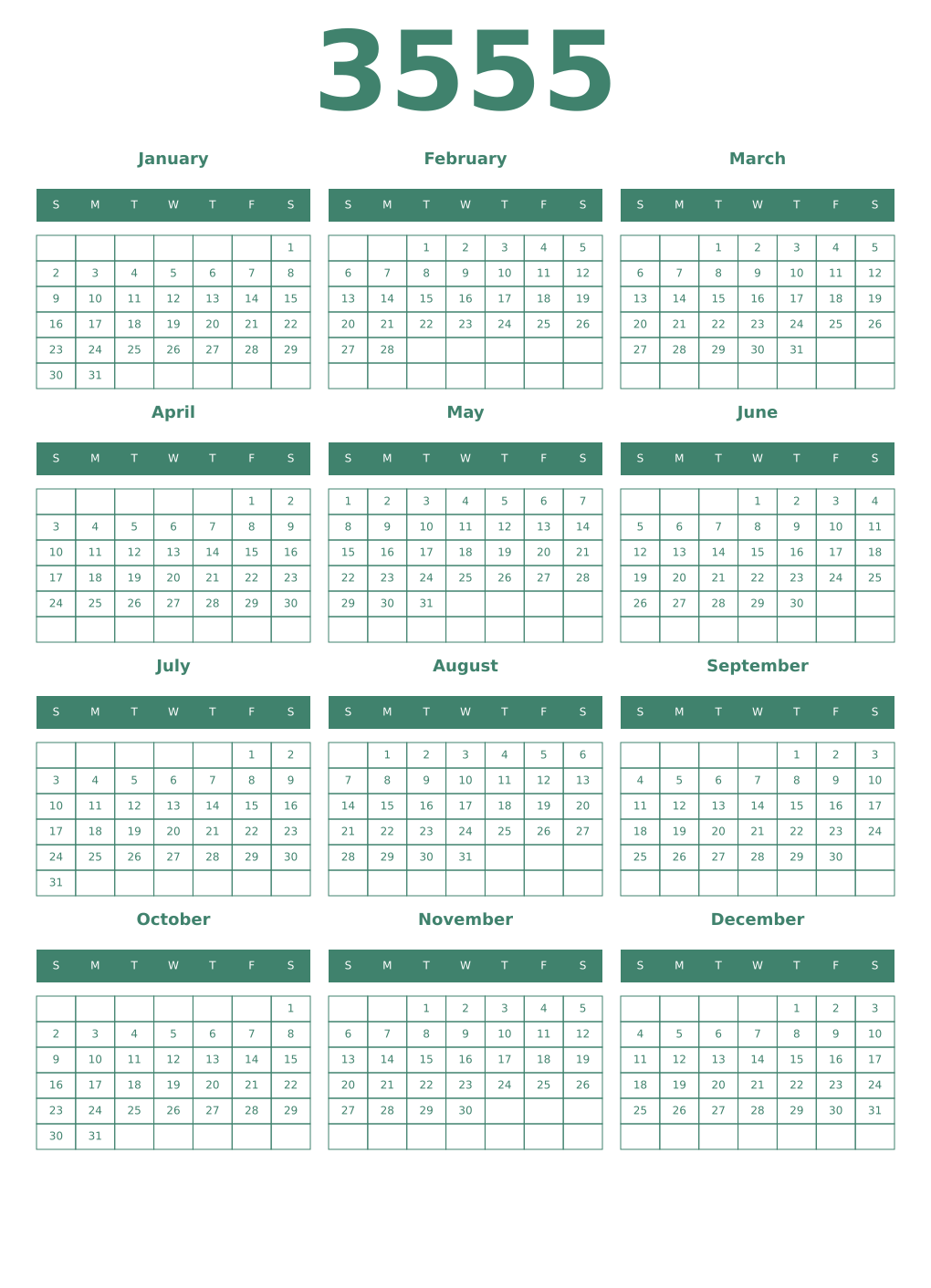 Printable 3555 Year Calendars viridian