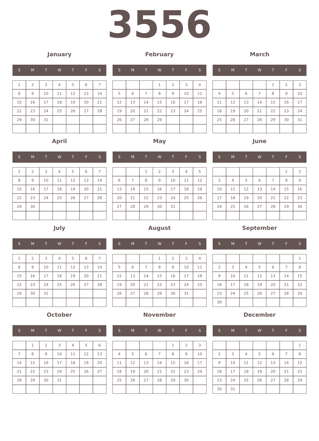 Printable 3556 Year Calendars wenge