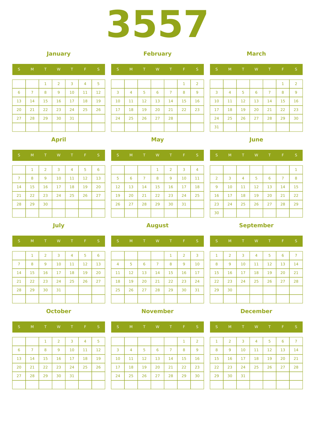 Printable 3557 Year Calendars chartreuse