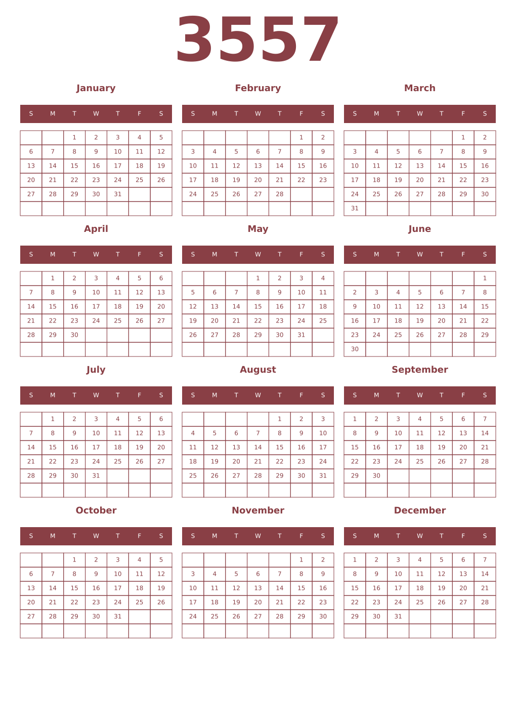 Printable 3557 Year Calendars cordovan