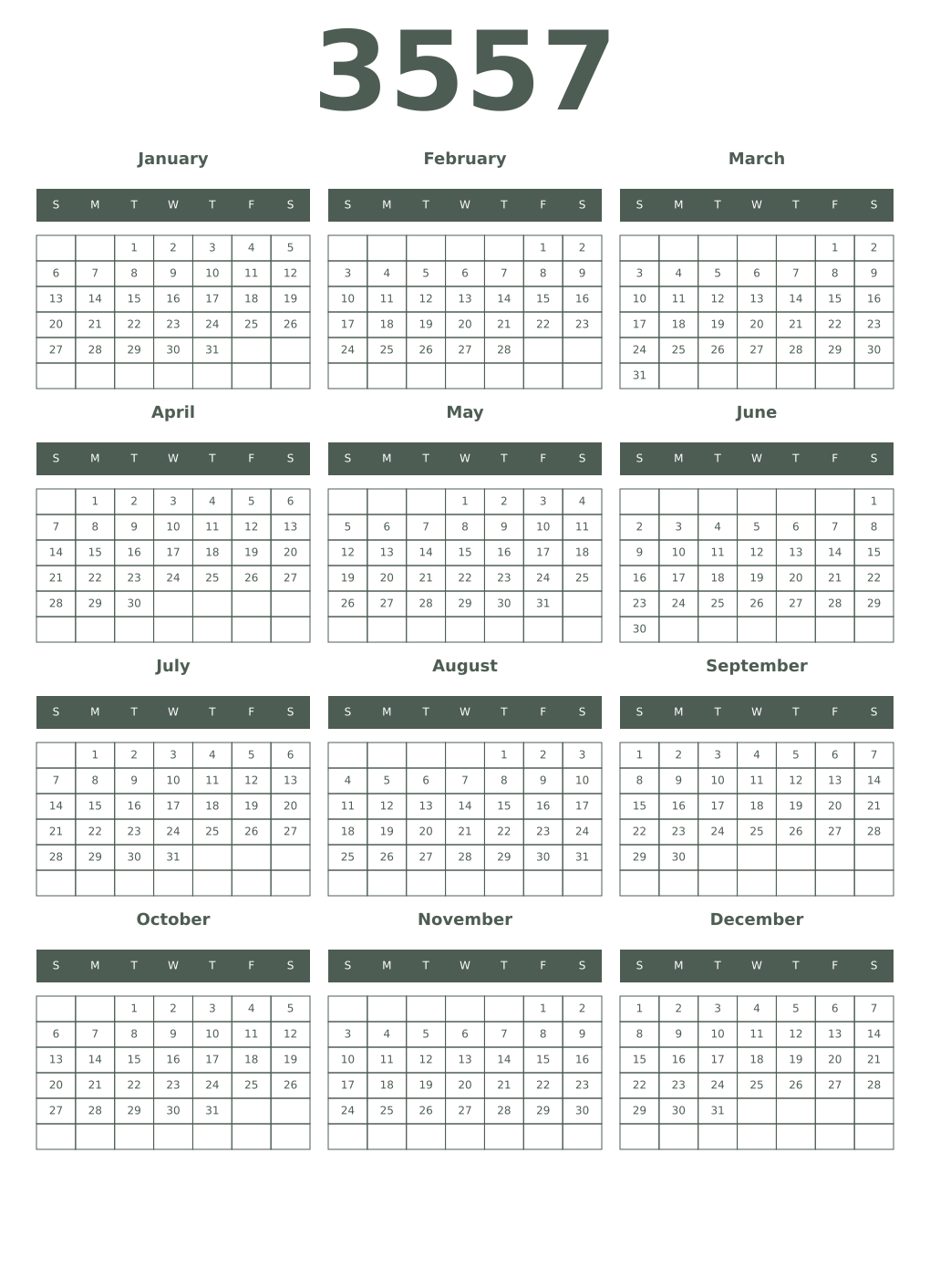 Printable 3557 Year Calendars feldgrau