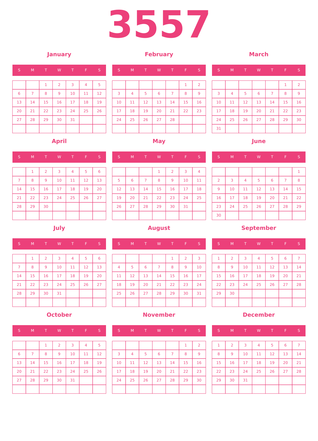 Printable 3557 Year Calendars pink
