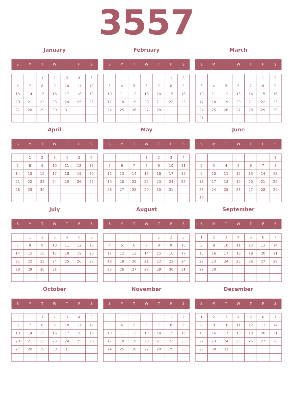 Printable 3557 Year Calendars puce