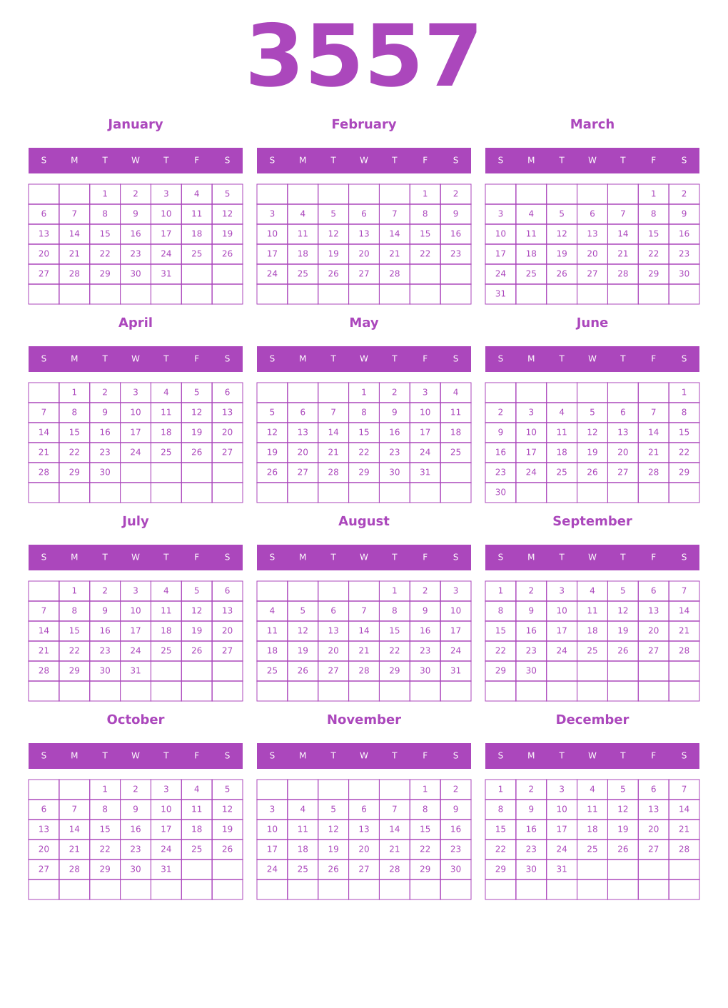 Printable 3557 Year Calendars purple