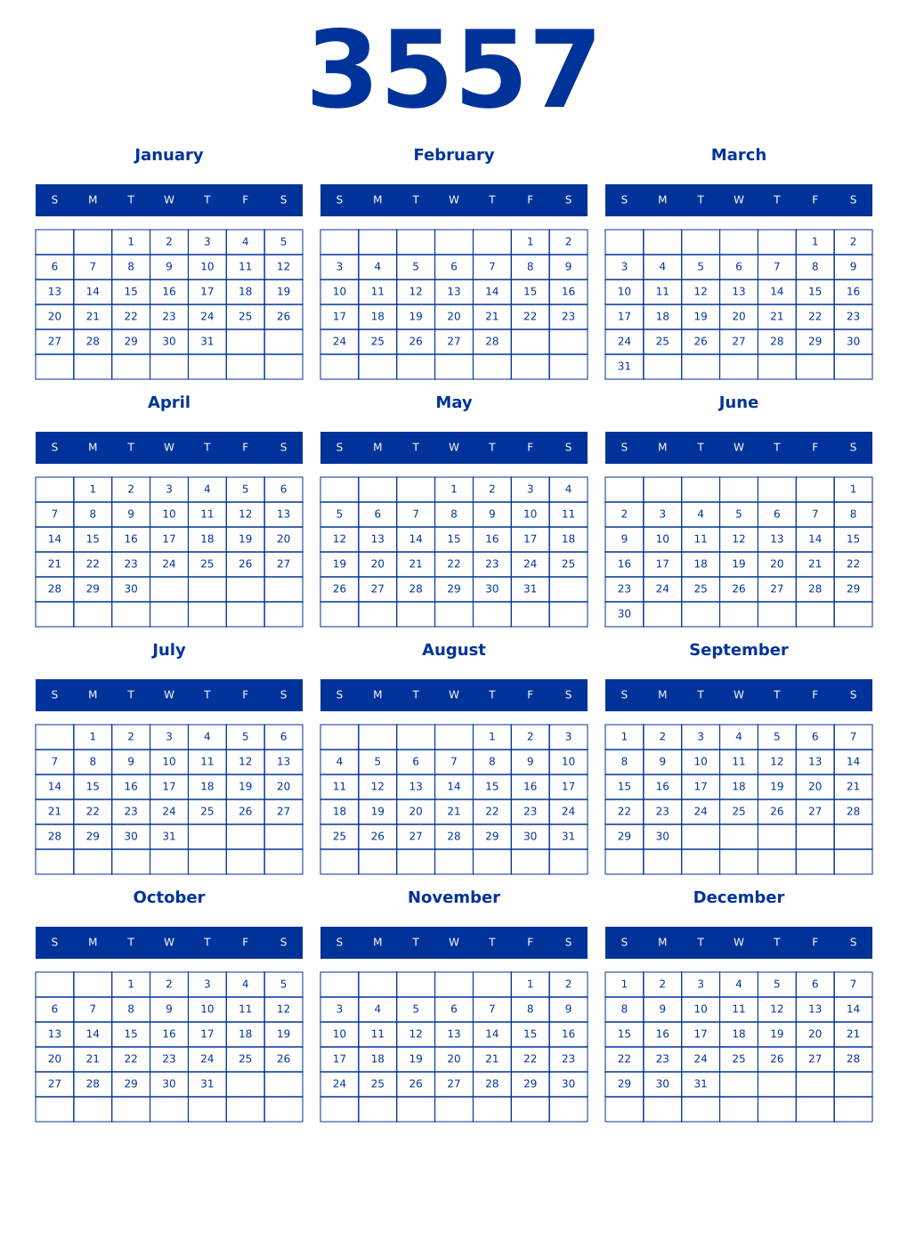 Printable 3557 Year Calendars smalt