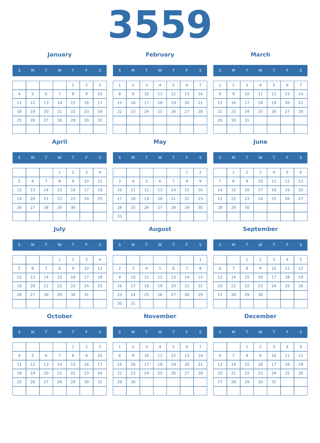 Printable 3559 Year Calendars blue