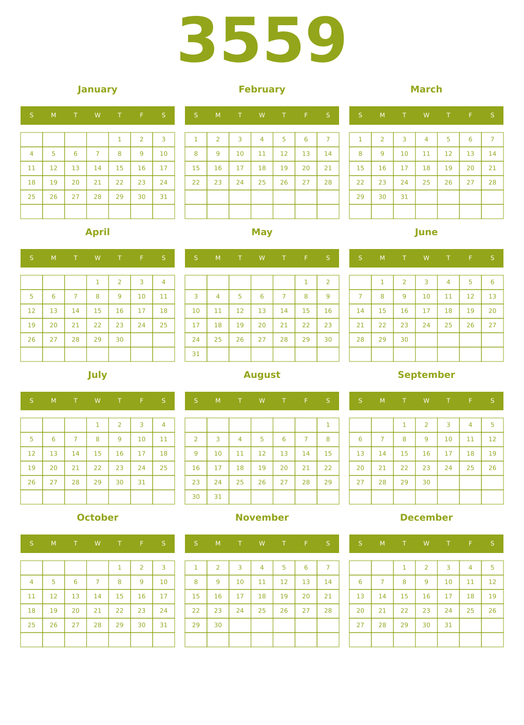 Printable 3559 Year Calendars chartreuse