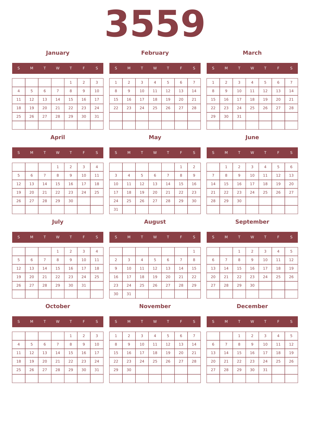 Printable 3559 Year Calendars cordovan