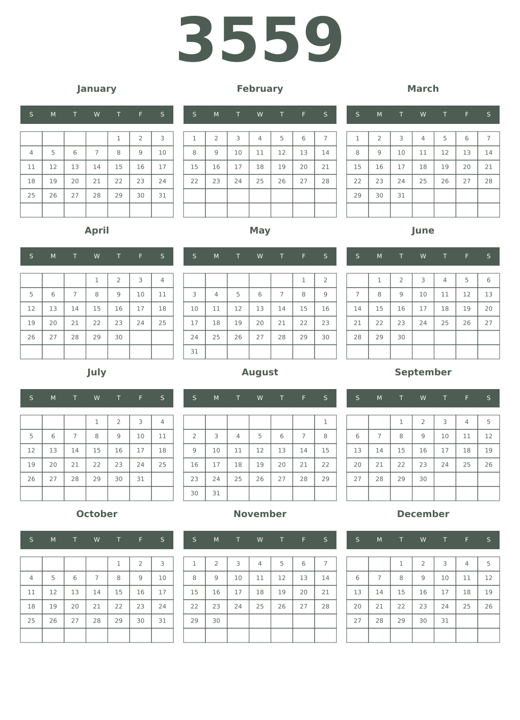 Printable 3559 Year Calendars feldgrau