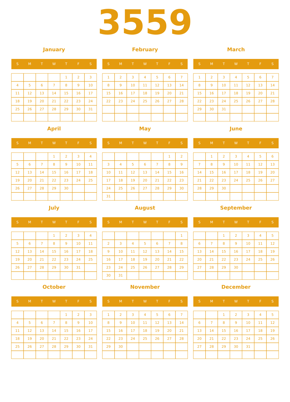 Printable 3559 Year Calendars gamboge