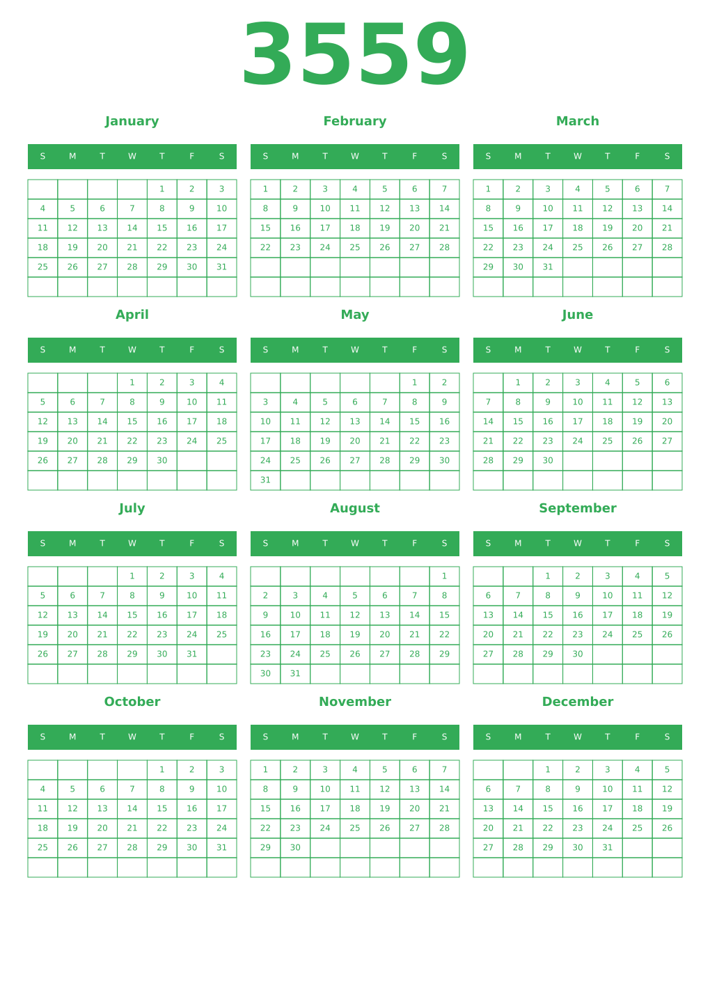 Printable 3559 Year Calendars green