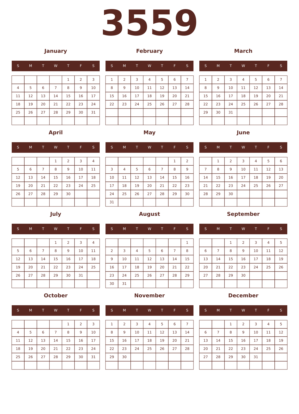 Printable 3559 Year Calendars mortuum