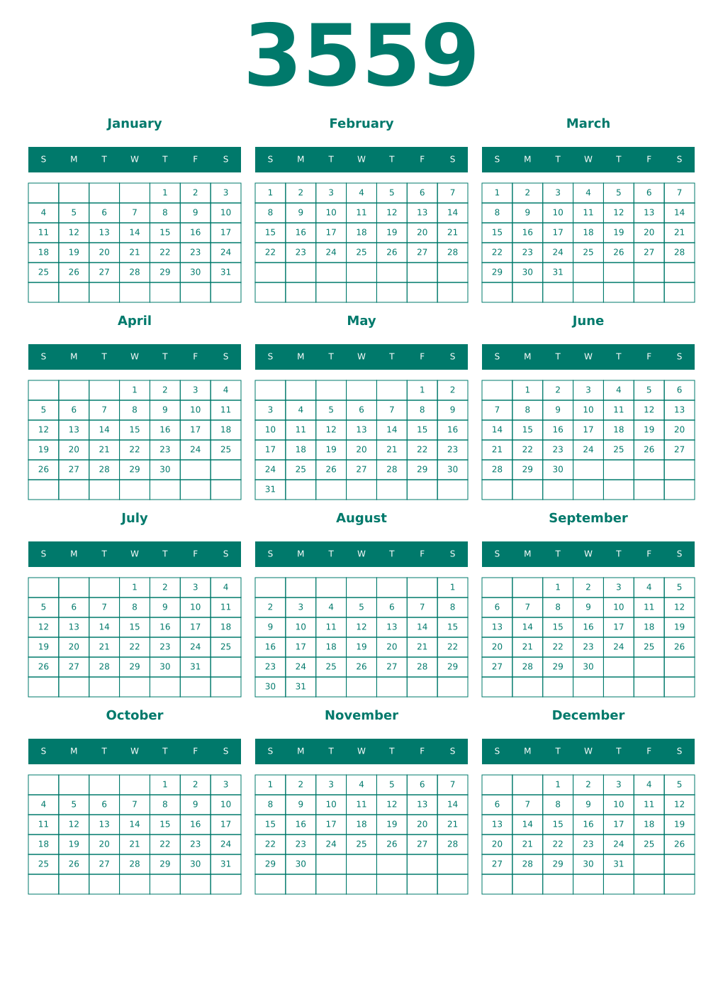 Printable 3559 Year Calendars pastel