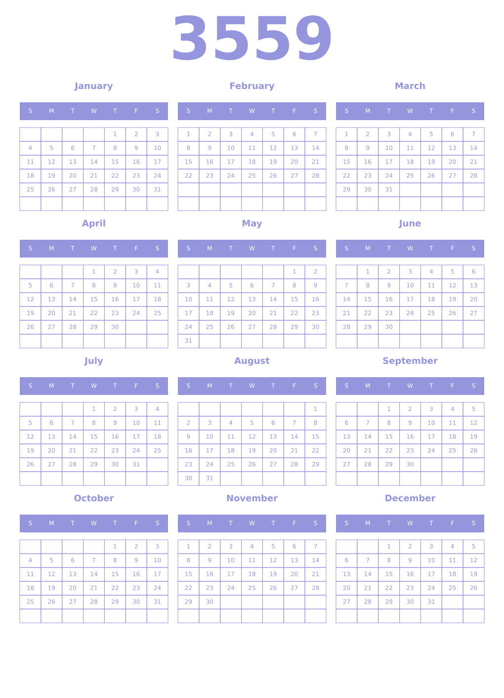 Printable 3559 Year Calendars periwinkle
