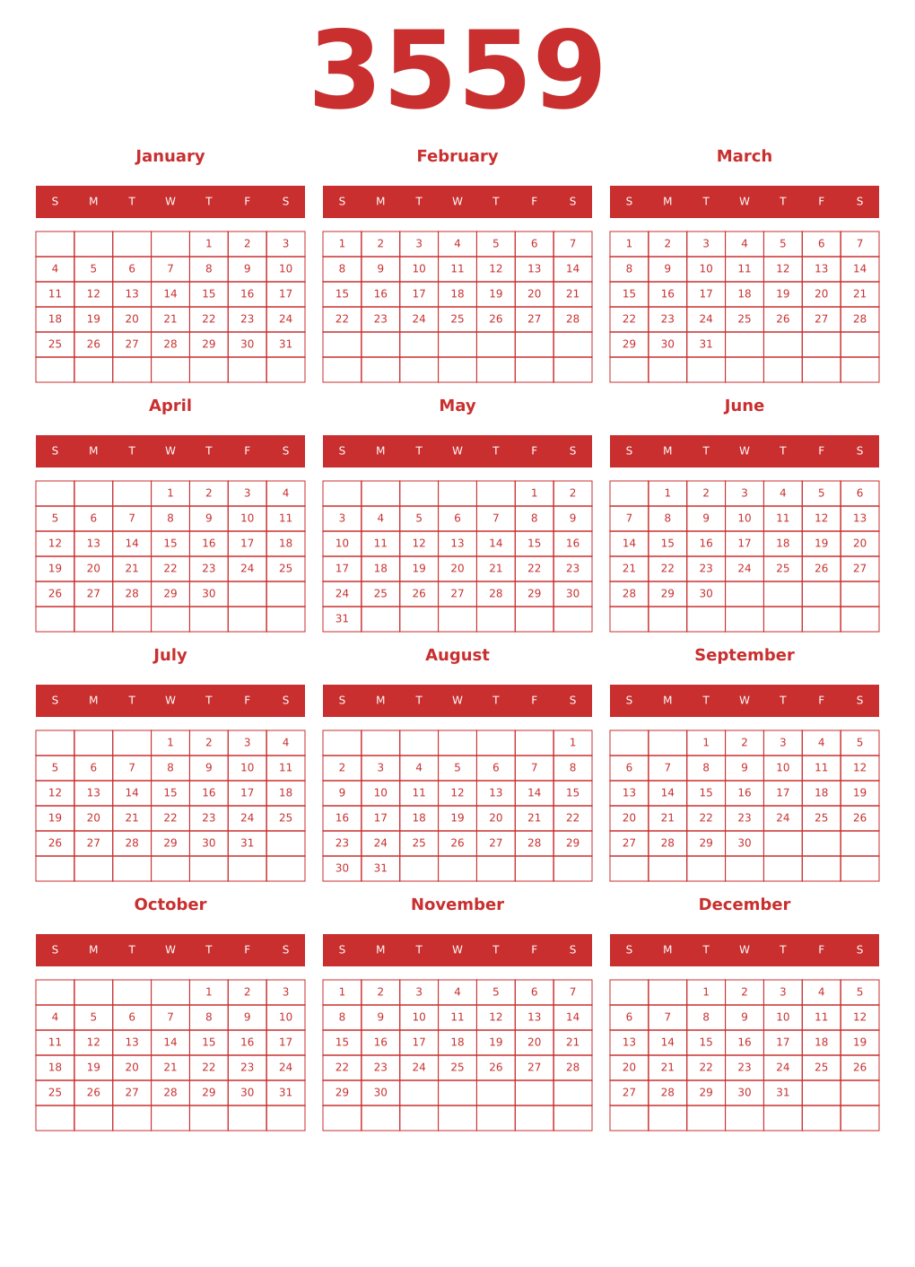 Printable 3559 Year Calendars red