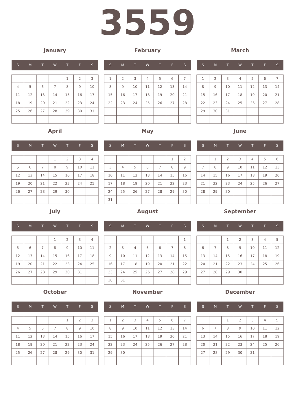 Printable 3559 Year Calendars wenge